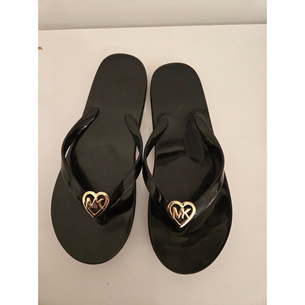 Michael Kors Black Jelly Flip Flops Gold Heart MK Logo Sandals Size 7